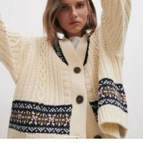 Zara Cozy Cream Chunky Cable Knit Oversized Semi-Cropped Sweater (Size: Medium) - Picture 1 of 15